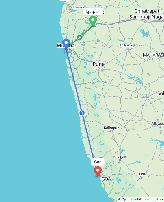 Route map showing distance and travel time from Igatpuri, India to Goa, India