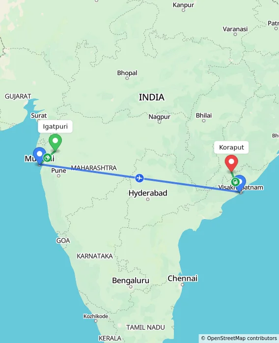 Route map showing distance and travel time from Igatpuri, India to Koraput, India