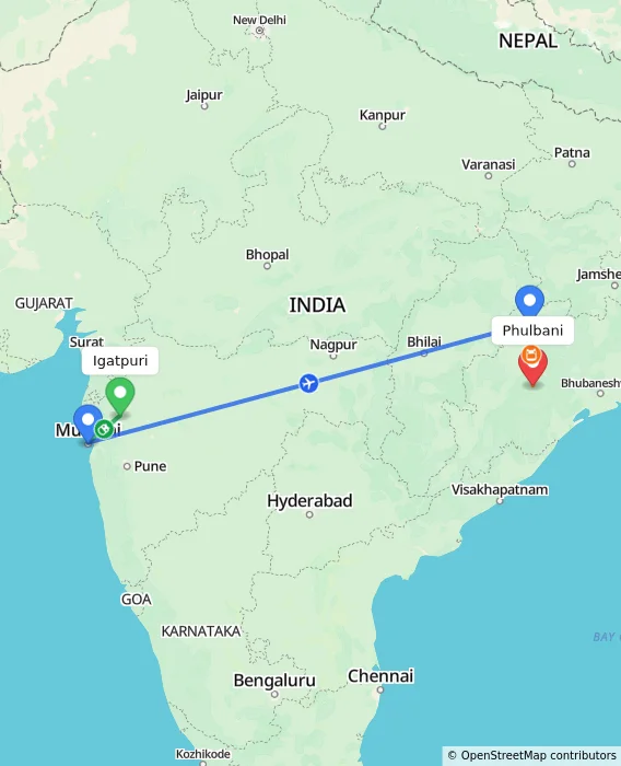 Route map showing distance and travel time from Igatpuri, India to Phulbani, India