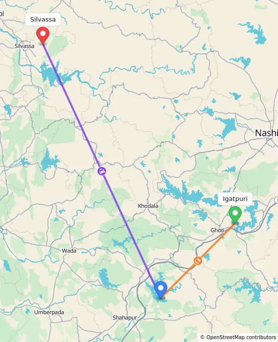 Route map showing distance and travel time from Igatpuri, India to Silvassa, India