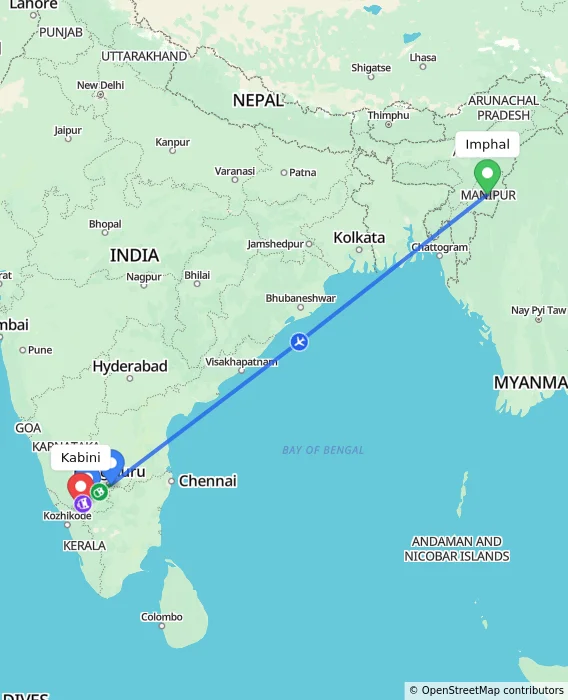 Route map showing distance and travel time from Imphal, India to Kabini, India
