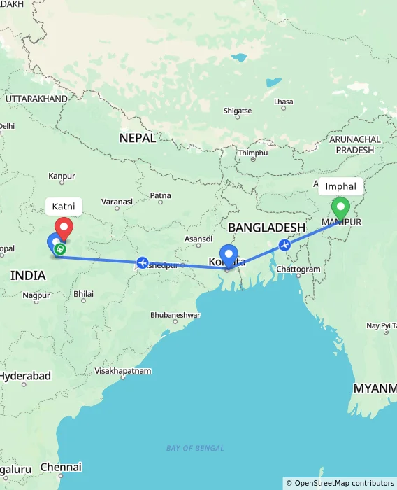 Route map showing distance and travel time from Imphal, India to Katni, India