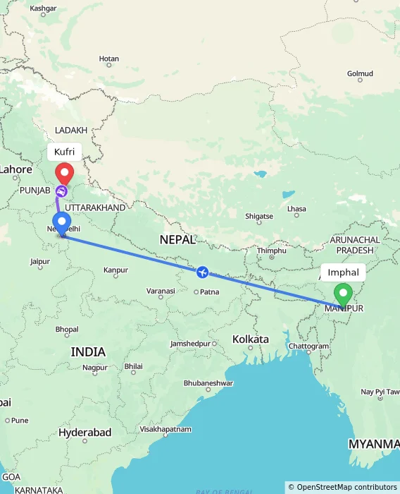 Route map showing distance and travel time from Imphal, India to Kufri, India