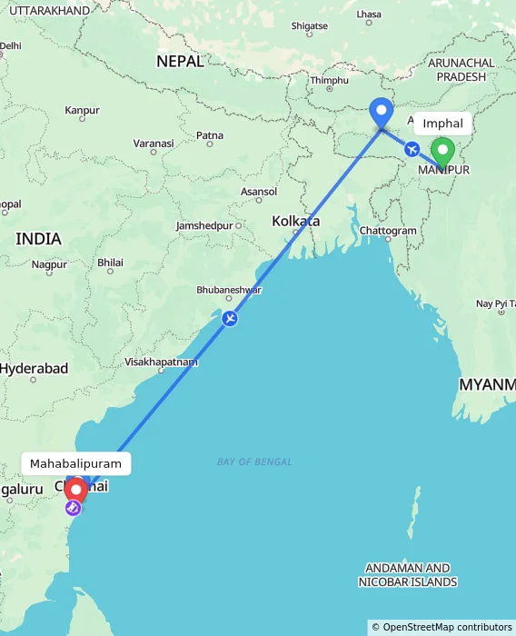 Route map showing distance and travel time from Imphal, India to Mahabalipuram, India