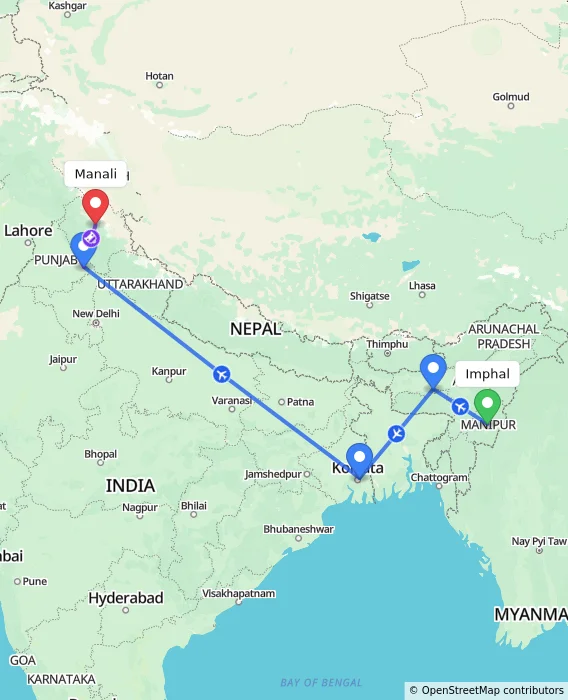 Route map showing distance and travel time from Imphal, India to Manali, India