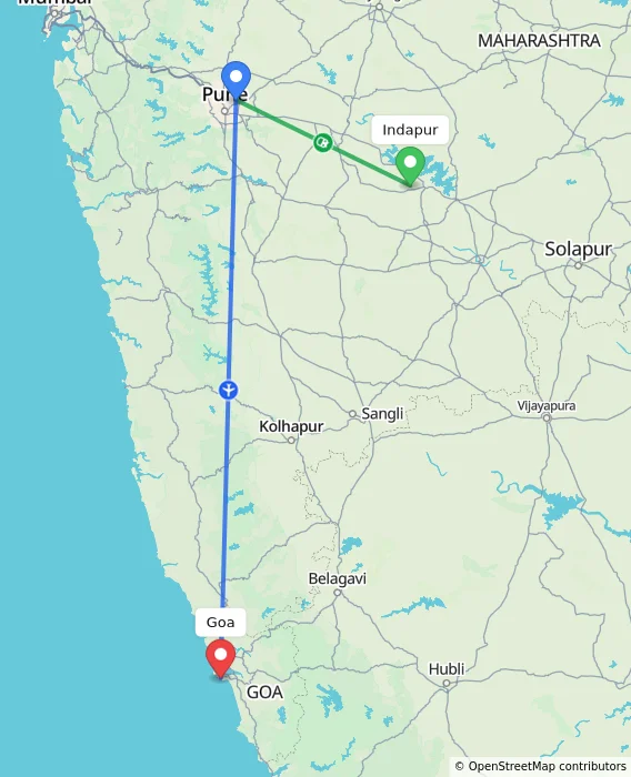 Route map showing distance and travel time from Indapur, India to Goa, India