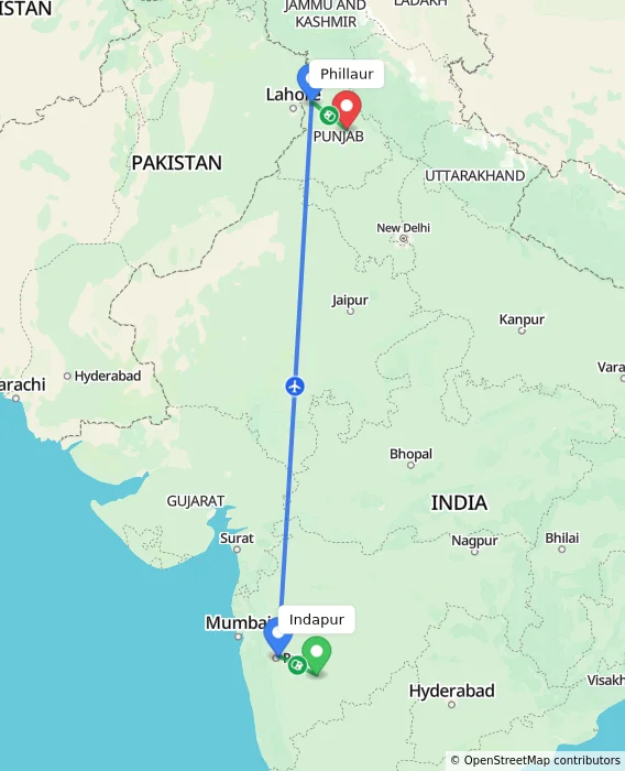 Route map showing distance and travel time from Indapur, India to Phillaur, India