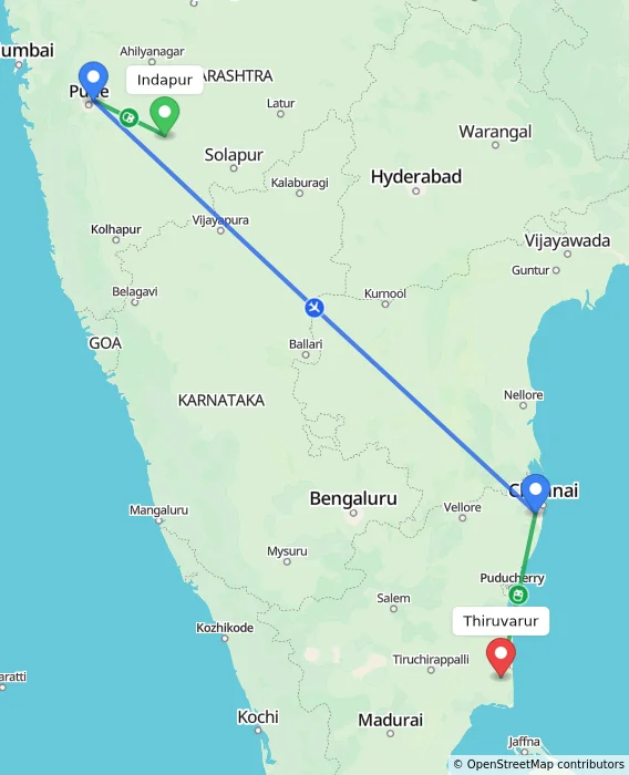 Route map showing distance and travel time from Indapur, India to Thiruvarur, India