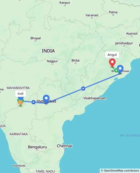 Route map showing distance and travel time from Indi, India to Angul, India