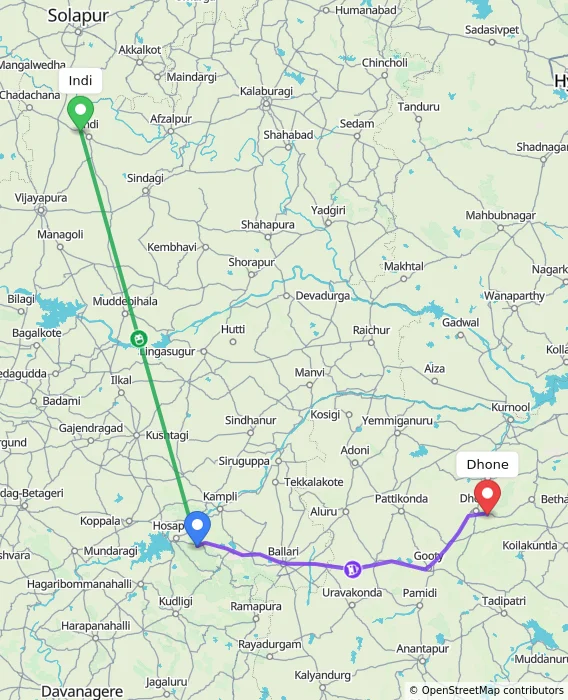 Route map showing distance and travel time from Indi, India to Dhone, India