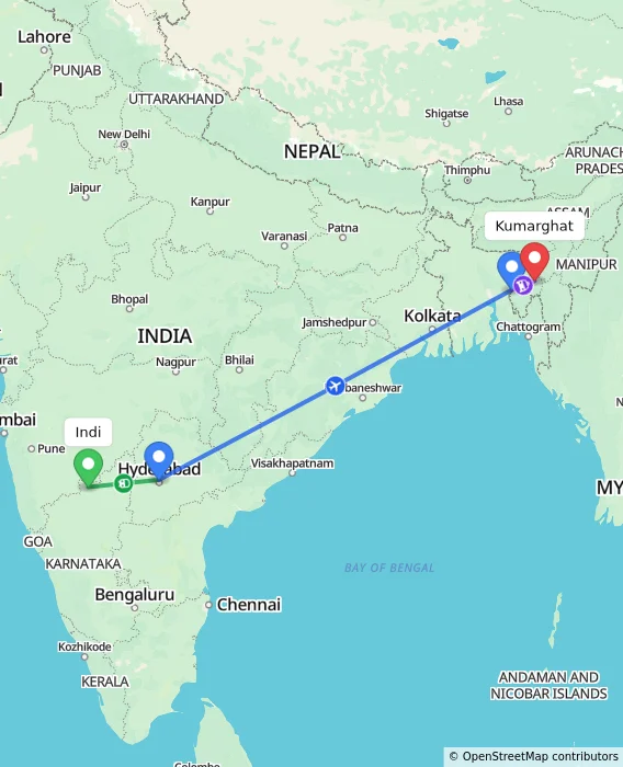 Route map showing distance and travel time from Indi, India to Kumarghat, India