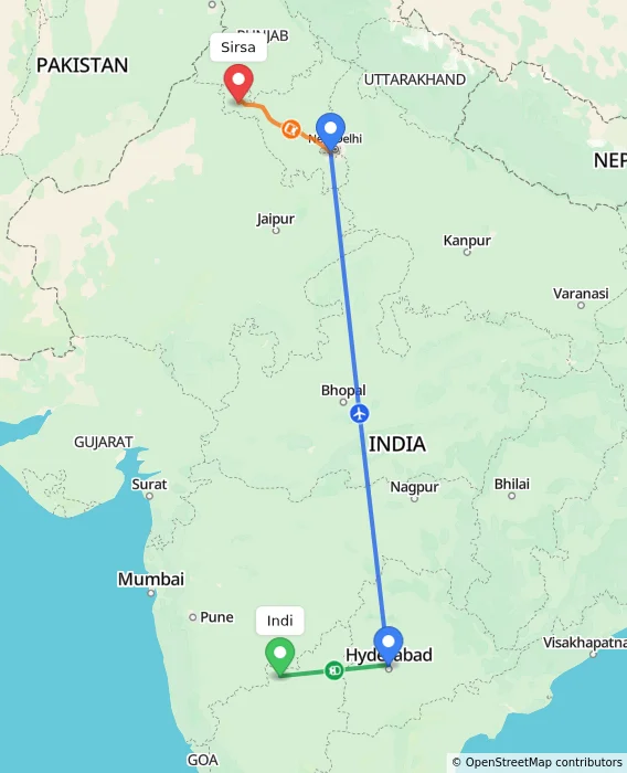 Route map showing distance and travel time from Indi, India to Sirsa, India