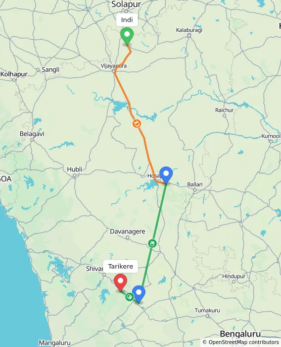 Route map showing distance and travel time from Indi, India to Tarikere, India