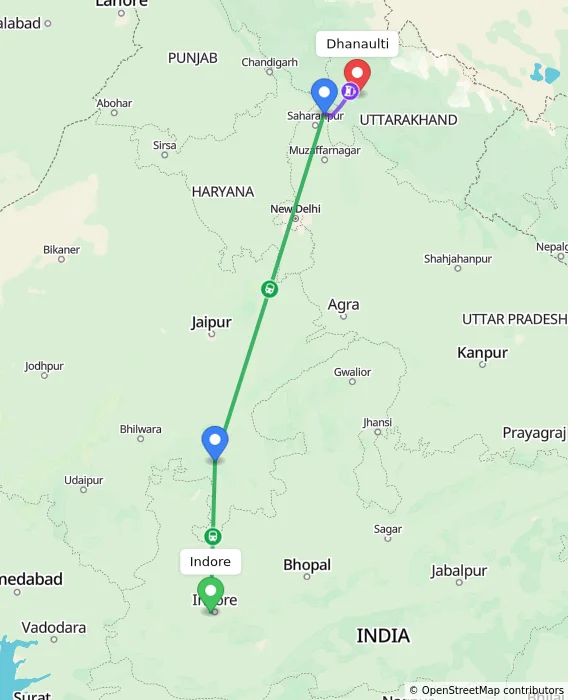 Route map showing distance and travel time from Indore, India to Dhanaulti, India