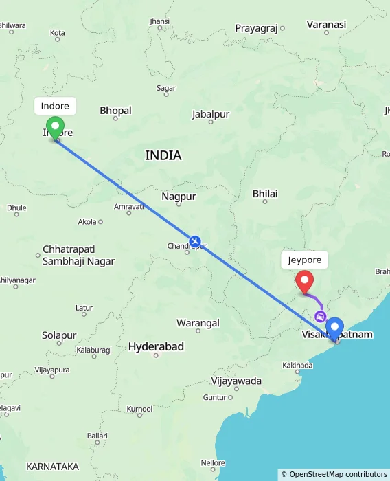 Route map showing distance and travel time from Indore, India to Jeypore, India