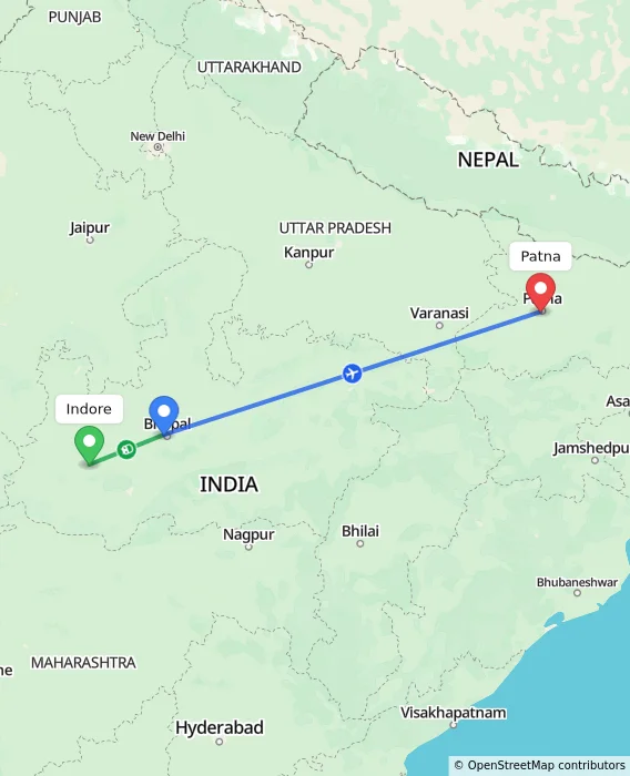 Route map showing distance and travel time from Indore, India to Patna, India
