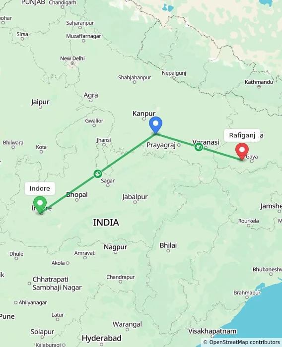 Route map showing distance and travel time from Indore, India to Rafiganj, India