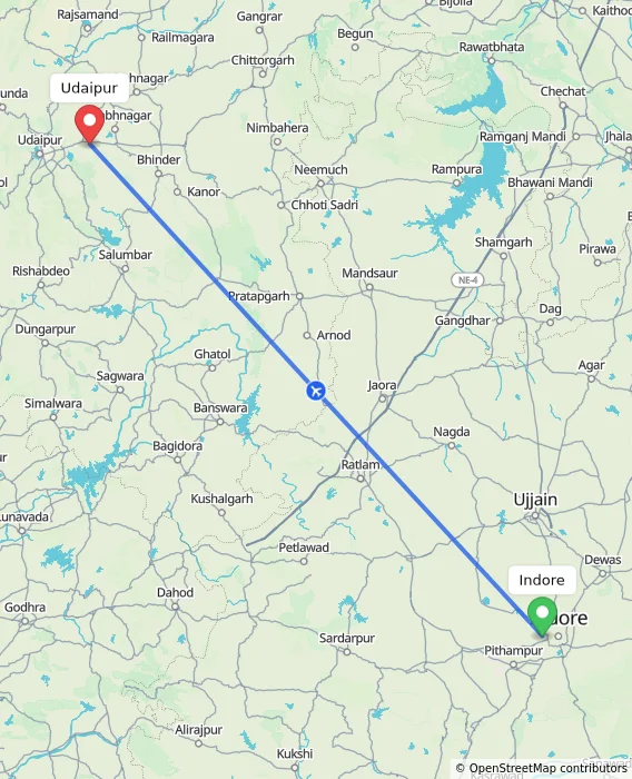 Route map showing distance and travel time from Indore, India to Udaipur, India
