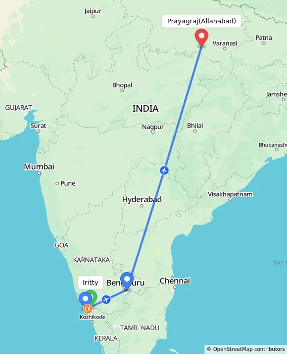 Route map showing distance and travel time from Iritty, India to Allahabad, India