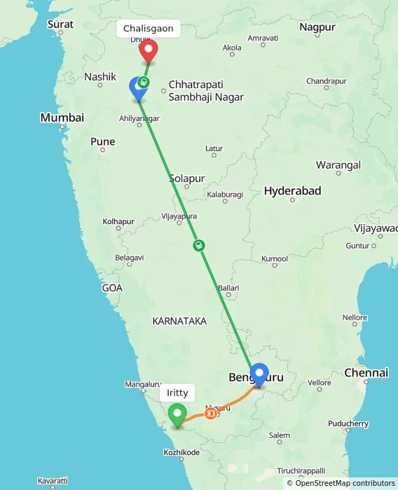 Route map showing distance and travel time from Iritty, India to Chalisgaon, India