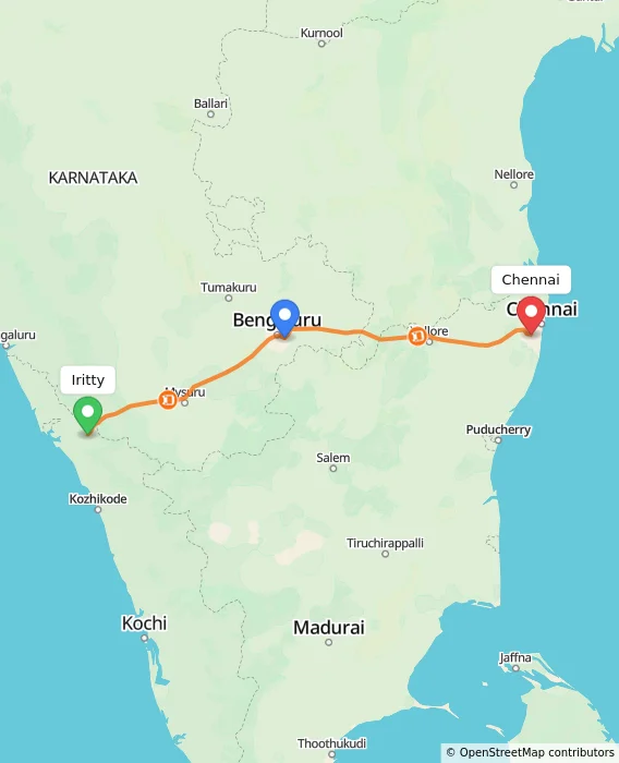 Route map showing distance and travel time from Iritty, India to Chennai, India