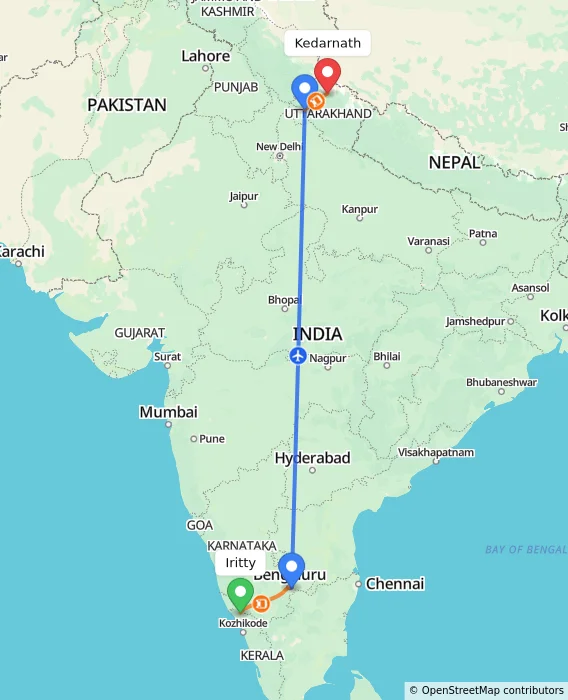 Route map showing distance and travel time from Iritty, India to Kedarnath, India