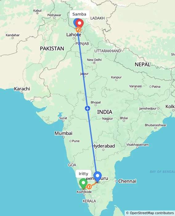 Route map showing distance and travel time from Iritty, India to Samba, India