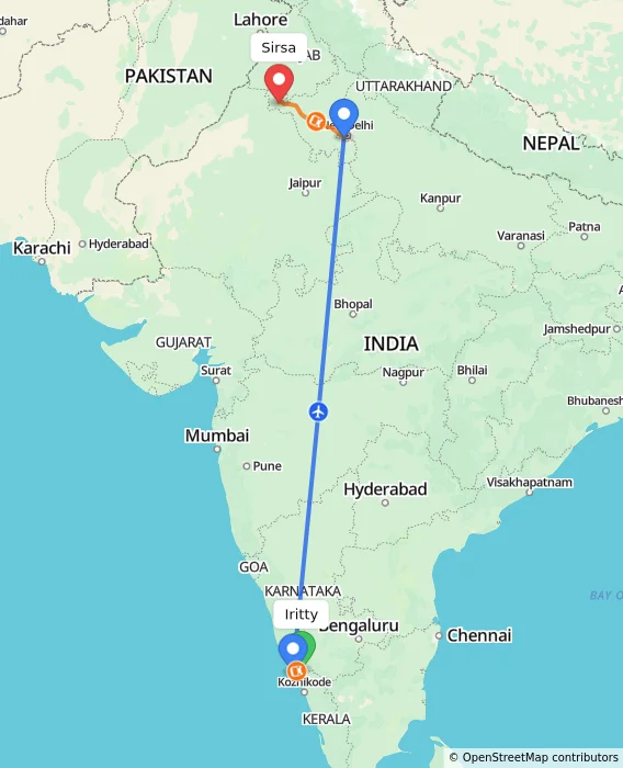 Route map showing distance and travel time from Iritty, India to Sirsa, India