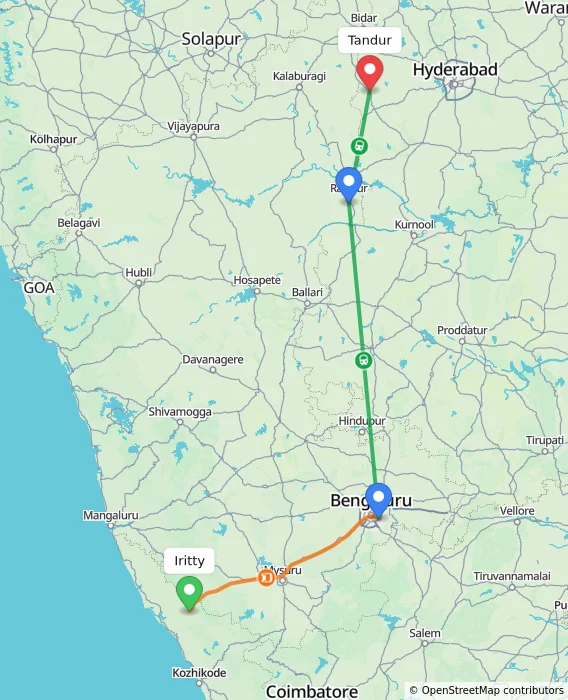 Route map showing distance and travel time from Iritty, India to Tandur, India