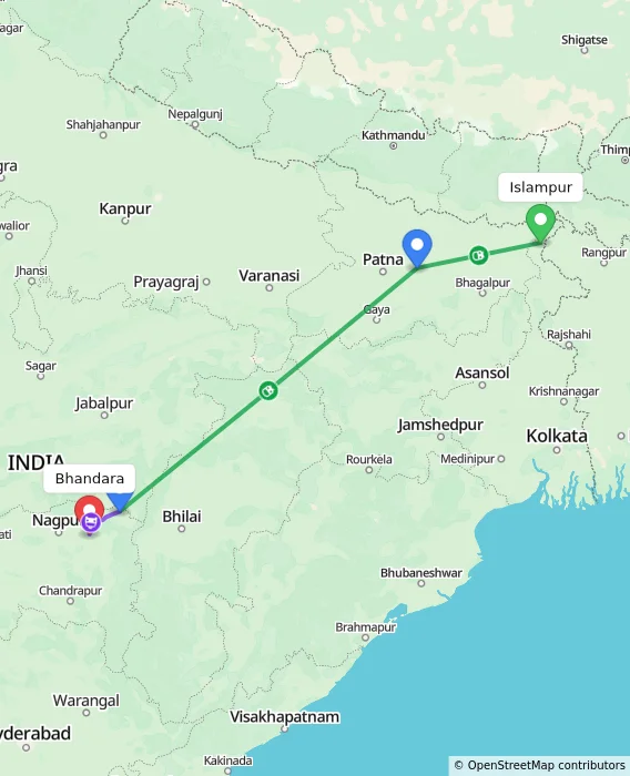 Route map showing distance and travel time from Islampur, India to Bhandara, India