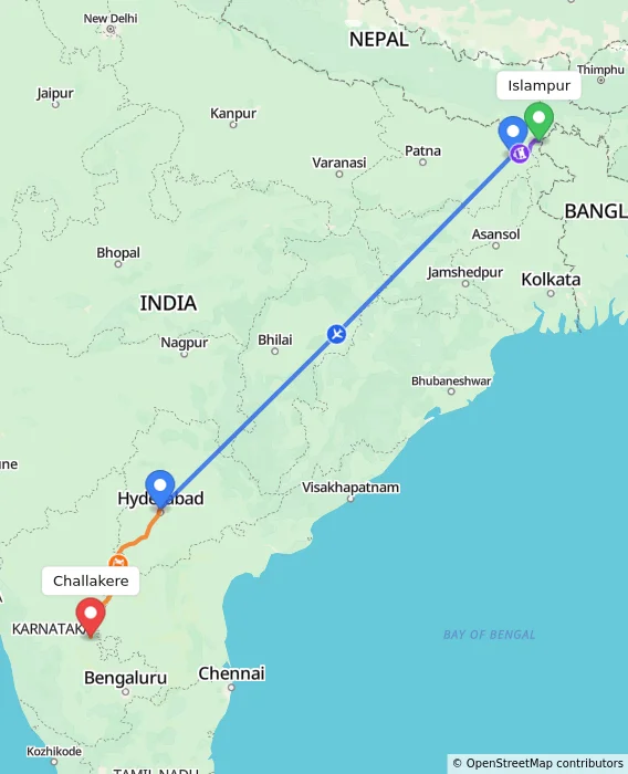 Route map showing distance and travel time from Islampur, India to Challakere, India