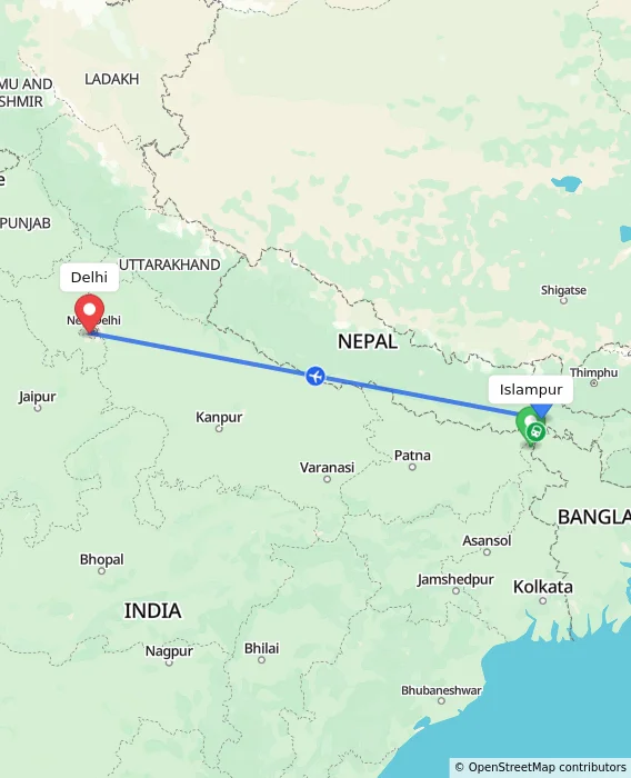 Route map showing distance and travel time from Islampur, India to Delhi, India