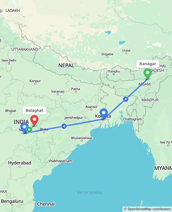 Route map showing distance and travel time from Itanagar, India to Balaghat, India
