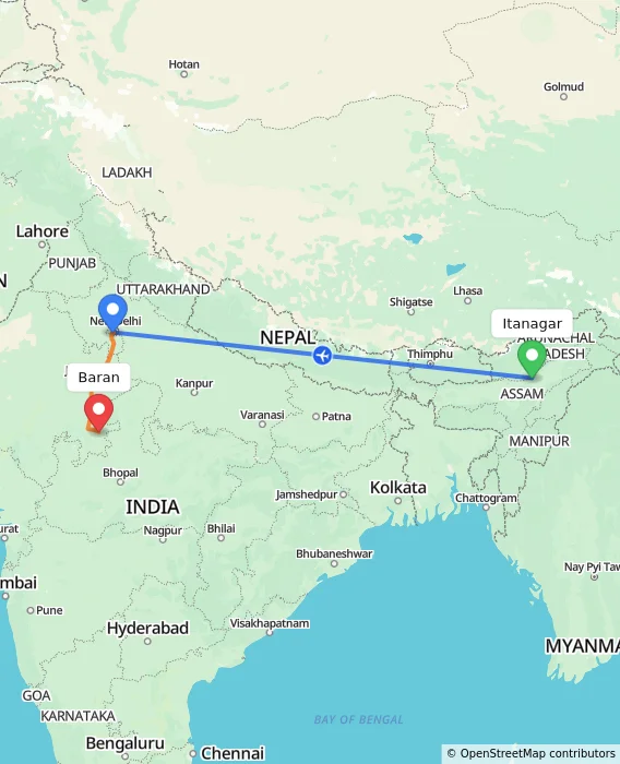 Route map showing distance and travel time from Itanagar, India to Baran, India