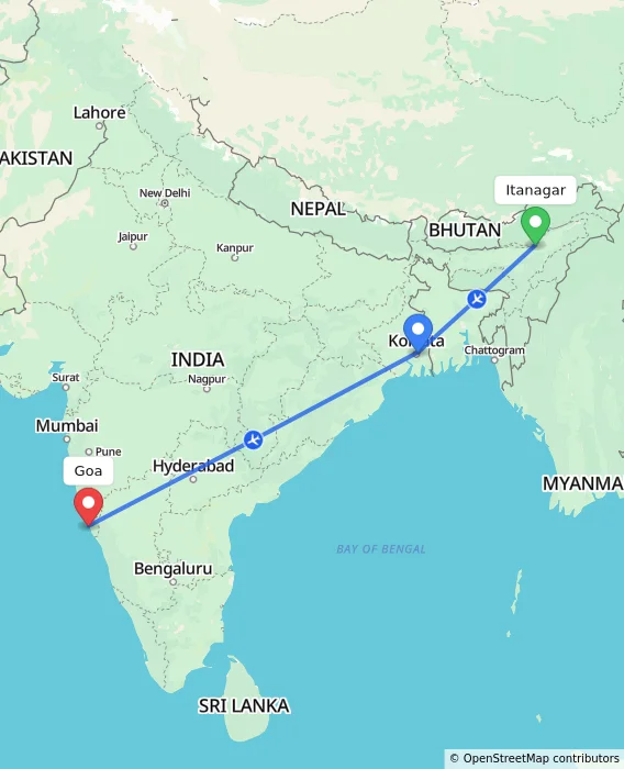 Route map showing distance and travel time from Itanagar, India to Goa, India