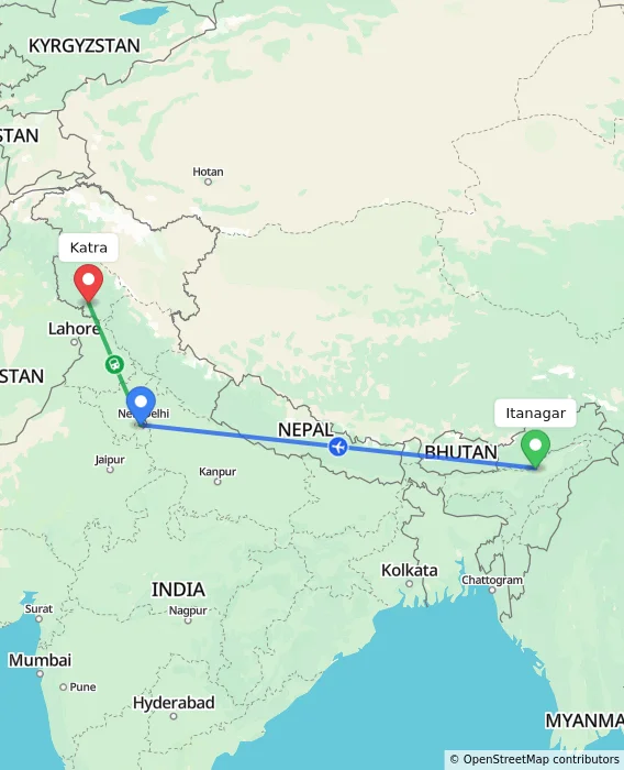 Route map showing distance and travel time from Itanagar, India to Katra, India