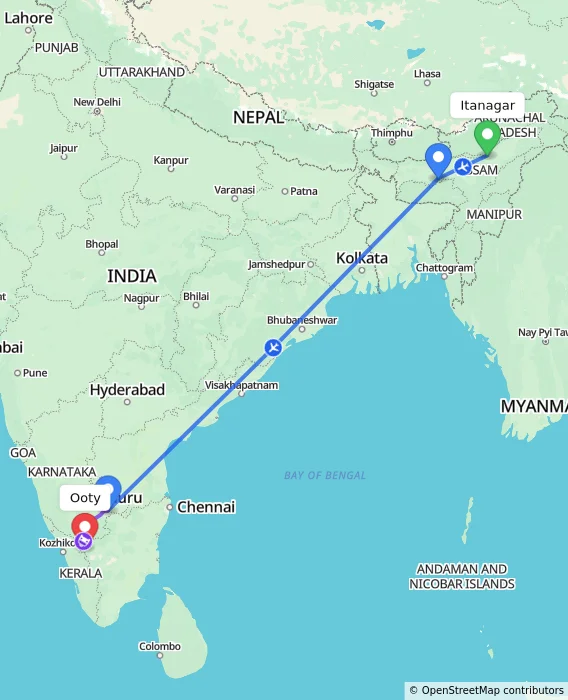 Route map showing distance and travel time from Itanagar, India to Ooty, India