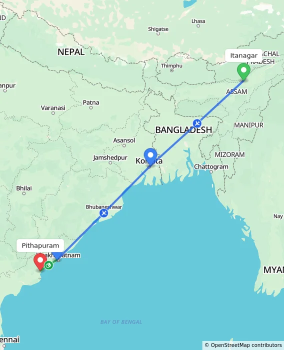 Route map showing distance and travel time from Itanagar, India to Pithapuram, India