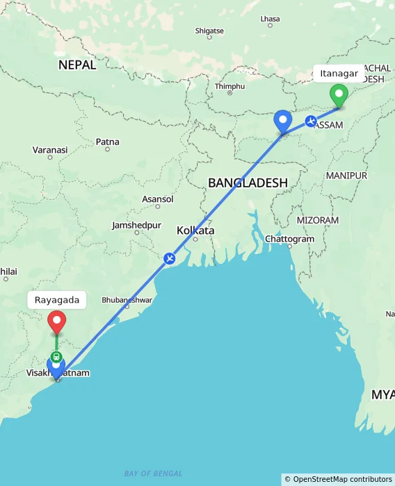 Route map showing distance and travel time from Itanagar, India to Rayagada, India