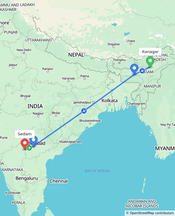 Route map showing distance and travel time from Itanagar, India to Sedam, India