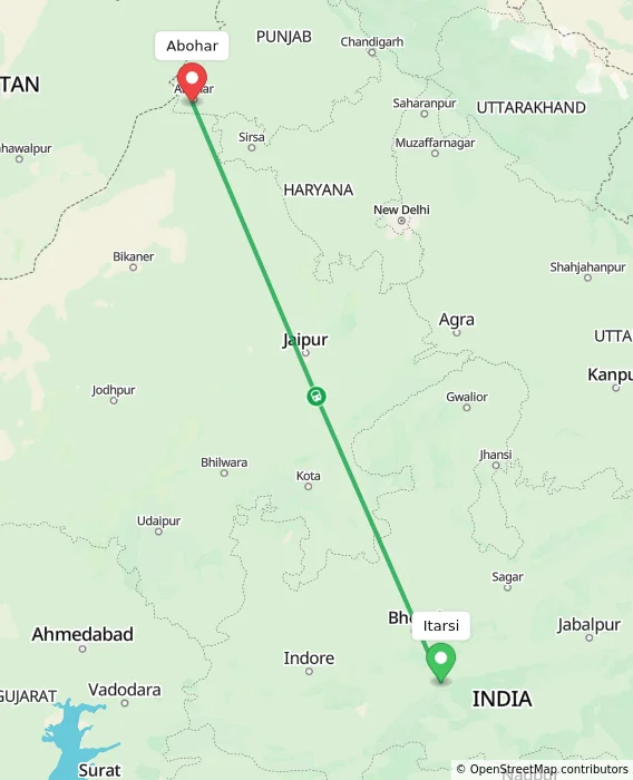 Route map showing distance and travel time from Itarsi, India to Abohar, India