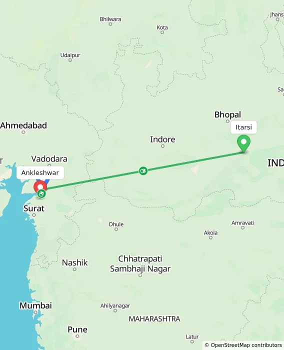 Route map showing distance and travel time from Itarsi, India to Ankleshwar, India