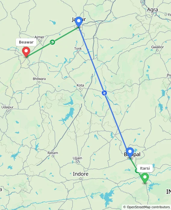 Route map showing distance and travel time from Itarsi, India to Beawar, India