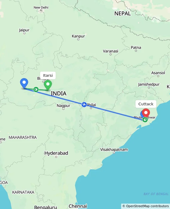 Route map showing distance and travel time from Itarsi, India to Cuttack, India