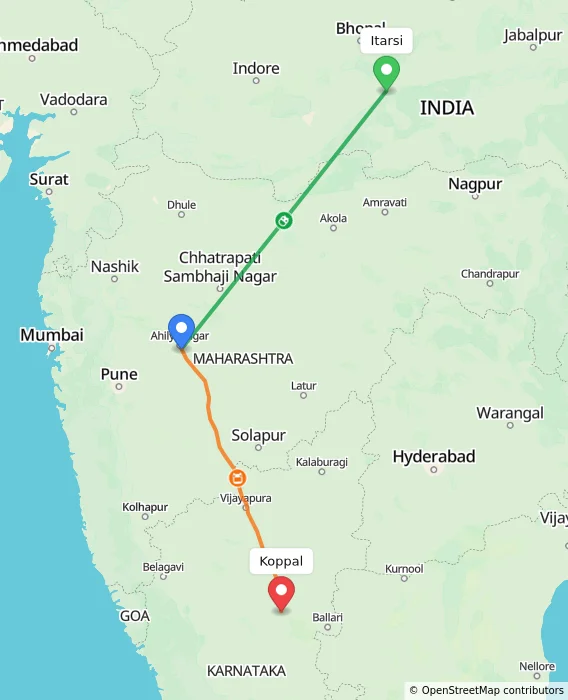 Route map showing distance and travel time from Itarsi, India to Koppal, India