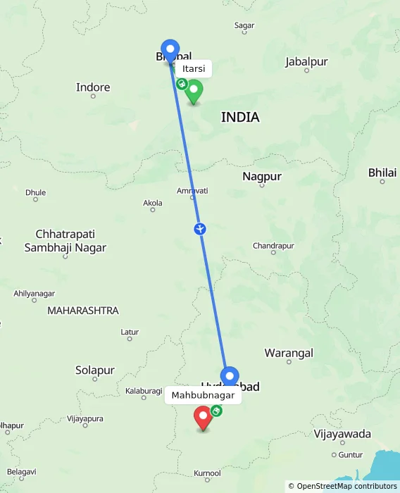 Route map showing distance and travel time from Itarsi, India to Mahbubnagar, India