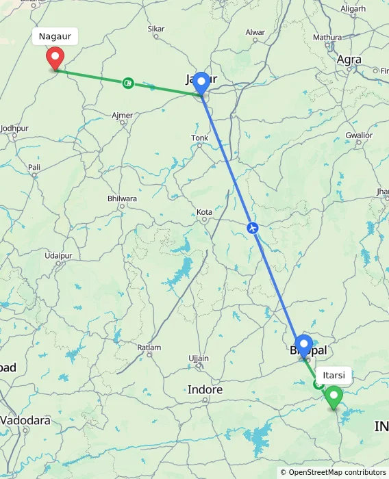 Route map showing distance and travel time from Itarsi, India to Nagaur, India