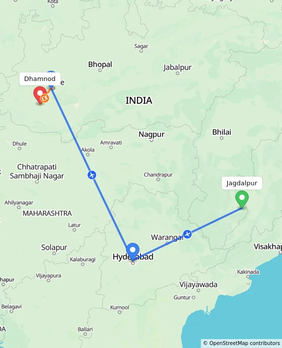 Route map showing distance and travel time from Jagdalpur, India to Dhamnod, India