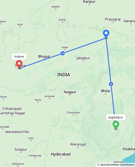 Route map showing distance and travel time from Jagdalpur, India to Indore, India