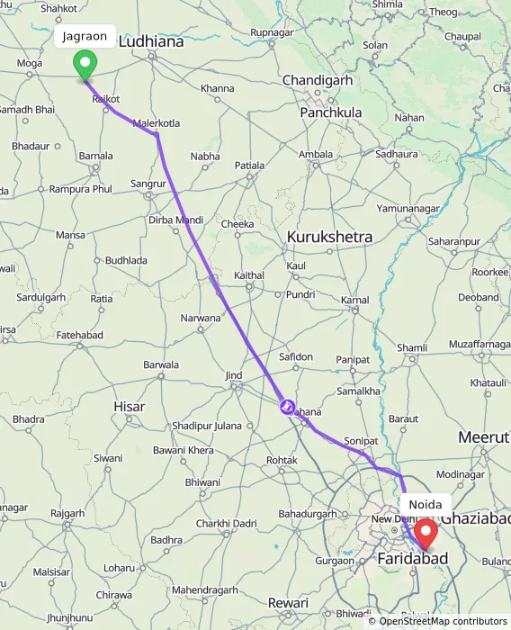 Route map showing distance and travel time from Jagraon, India to Noida, India